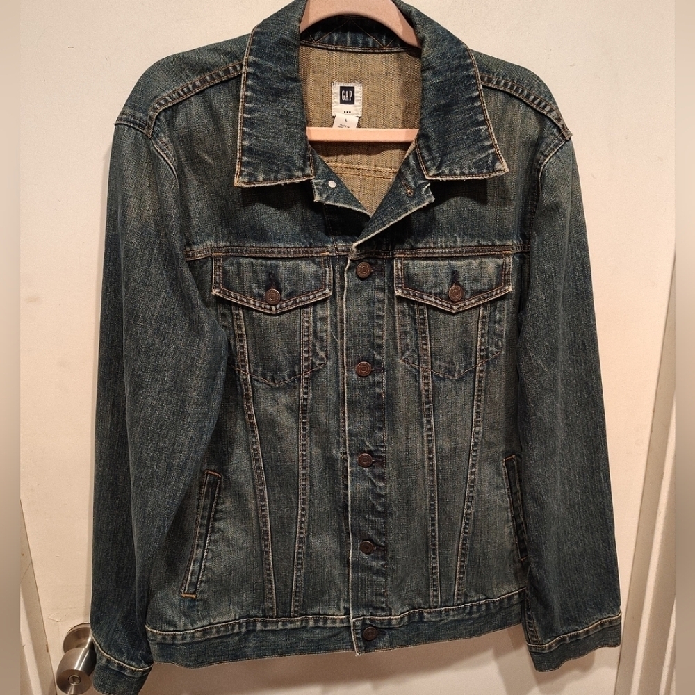 Vintage GAP Men's Dark Wash Denim Jean Trucker Jacket Sz L-Y2K Casual Outdoor